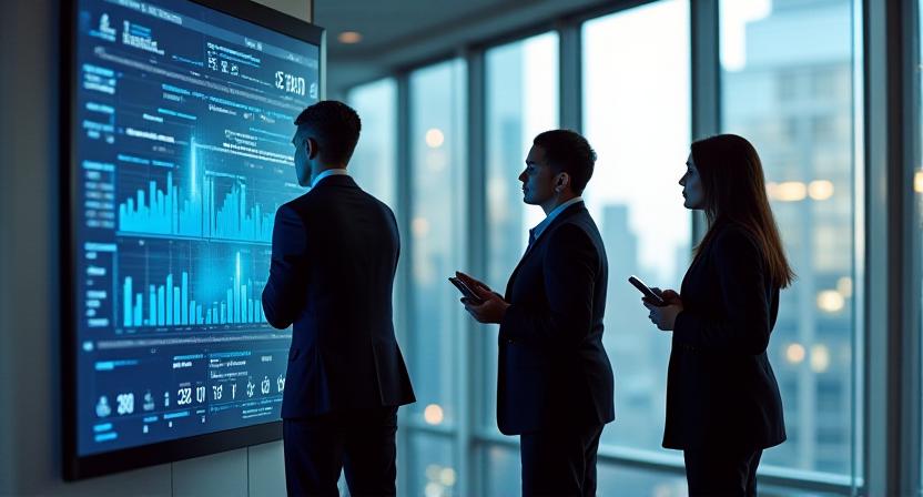 Legal team using AI software to review documents collectively in a modern boardroom