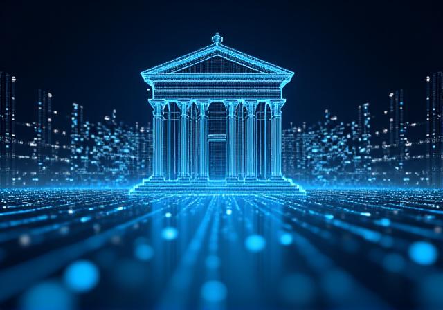 Abstract visualization of interconnected legal data and AI neural networks