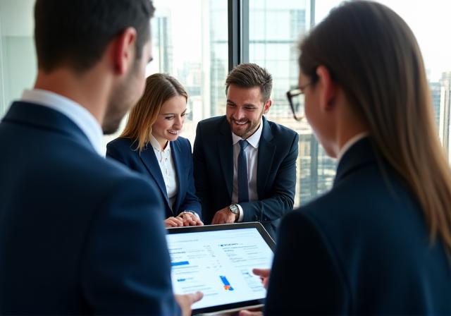 Lawyers collaborating around legal software in a modern New York office